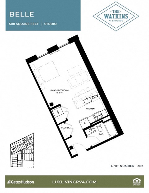 Floor plan for studio, 1 bath, 649 sqft